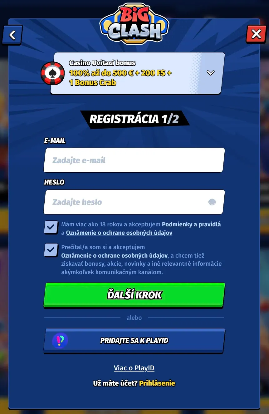 Registračný formulár v kasíne Bigclash